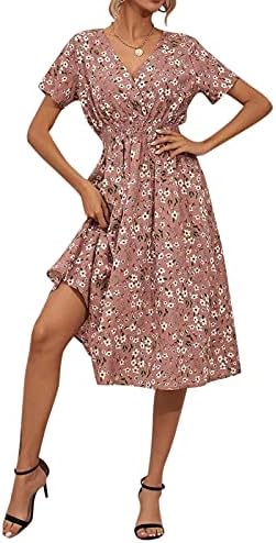 Balakie žene ljetne haljine polka dot print kratki rukavi s V-izrezom a-line casual swing midi haljina s remenom