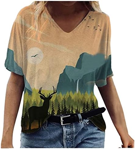Ljetne bluze za žene ležerne tiskane majice i vrhove srednjeg rukava s vratom