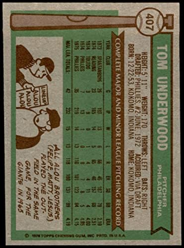 1976. Topps 407 Tom Underwood Philadelphia Phillies NM/MT Phillies