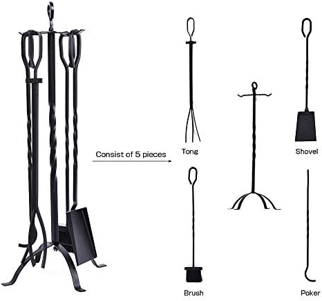Set alata za kamin od 5 komada 31 ', teški set alata za kamin od kovanog željeza s pokerom, lopatom, kliještima, četkom, postoljem