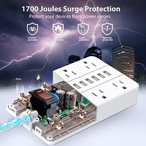 Zaštitnik prenapona snage s 6 USB, Hunanov 5 ft ekstenzijski kabl s ravnim utikačem s 8 široko raspoređenih utičnica Zaštita od preopterećenja