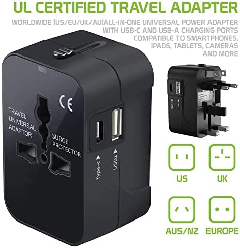 Travel USB Plus International Power Adapter kompatibilan s ZTE Axon tabletom za svjetsku energiju za 3 uređaja USB Typec, USB-A za