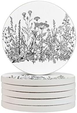Stalak za čaše od dijatomejske zemlje s crno-bijelim cvjetovima, neklizajući i upijajući vlagu, moderan 4-inčni okrugli set podmetača