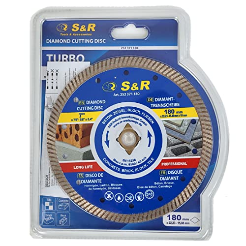 S&R turbo dijamantni disk za rezanje 180 mm / 7 inča, s rupom romba i reduktora 22,23 mm do 15,88 mm provrta, za beton, cigla, zidarstvo,