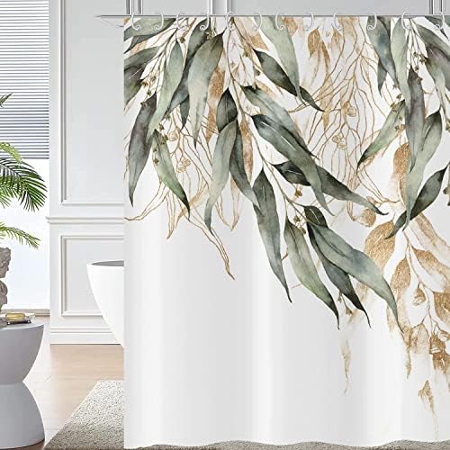 Toengs Zelena zavjesa za tuširanje, zeleni eukaliptus list zlatne grane uzorka biljke Botaničke zavjese za kupanje vodootporna tkanina