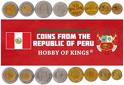 8 kovanica iz Perua | Peruanska kolekcija kovanica 1 5 10 20 50 centimos 1 2 5 nuevos | Cirkuliran 1991-2000 | Laurel vijenac | Hummingbird