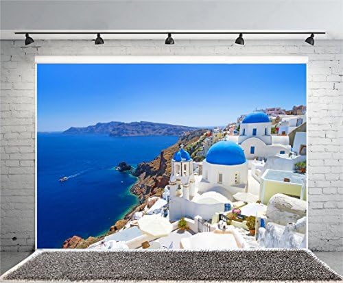 7.5 Stopa bijela arhitektura sela Oia na otoku Santorini Grčka pozadina prirodnog krajolika s plavim nebom vinilna pozadina za fotografiranje