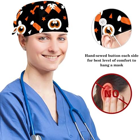 Skice za medicinske sestre kapute dugu kosu, Halloween uzorak duha Podesiva radna kapa s gumbima i luka