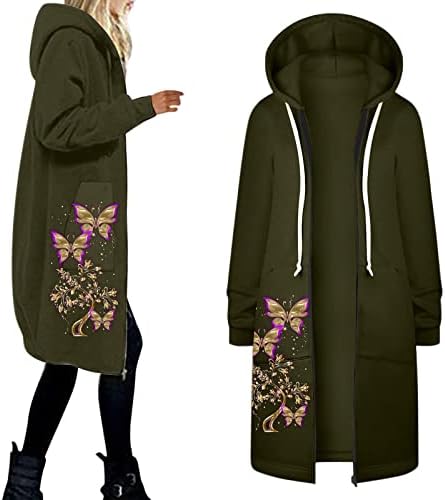 Ženski srednji kaput cvjetni print cvjetni print dugi rukavi ležerni patentni zatvarač s kapuljačom jakna toplo plus casual kaput