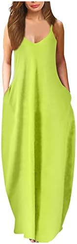 Ženska ležerna jednobojna Maksi haljina s naramenicama s džepovima do poda, sundresses Plus veličine