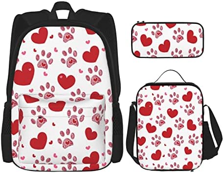 3-dijelni paket ruksaka s otiskom pseće šape i srca uključuje jednu veliku školsku torbu i kutiju za ručak za dječake i djevojčice