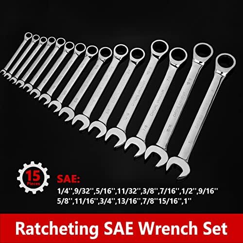 Egofine 15-komadića SAE Ratcheting Wunch Set, SAE 1/4 do 1 Krome vanadij čelik, 12-točki raščove ključeve, otvoreni kraj 72-zuba i