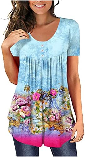 lcepcy casual tunike vrhovi za žene po cijelom cvjetnom printu ruched majice okrugli vrat kratki rukavi majice 2023 ljetne bluze