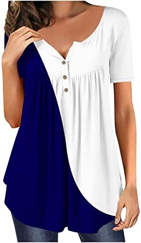 Camiseta de Bloque de Color para mujer camisetas de manga corta con botones blusa suelta con cuello en v entrenamiento