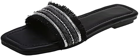 Žene s ravnim perlicama s rubnim papučama kvadratna traka za glavu sandale vile modne papuče ravni otvoreni nožni prst ljetni papuče