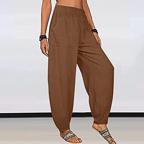 Yuzhih ženske lanene hlače široke noge s džepom ljeto casual hlača s visokim strukom vrećasti salon plaže palazzo hlače hlače