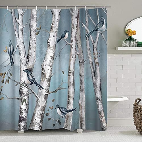 Duobarom 4 komadi set breze drveće tuš zavjesa set apstraktno plava bijela šuma ptice slika na ne klizanjem prostirki toaletni poklopac