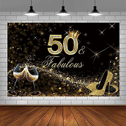Sendy 7x5ft Crna zlatni sjajna Boke Pozadina sa 50-godišnjice rođenja Nevjerojatan ukras za žene Crown od šampanjca na visoku petu
