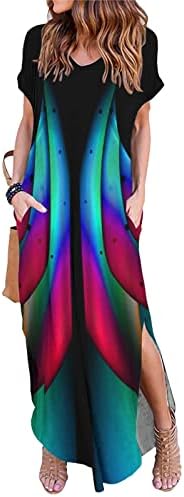 Ženska ljetna haljina 2023. godine labava posada kratkih rukava šareni print split dugačka haljina plaža maxi haljina s džepom