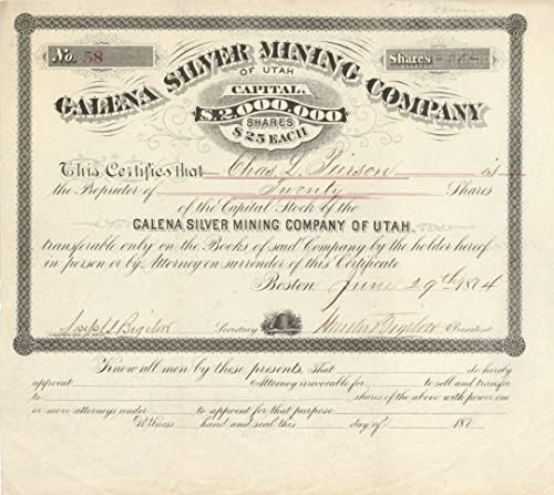 Galena Silver Mining Co., Utah-potvrda o dionicama