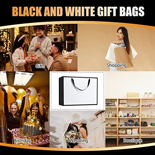 Bijele i crne poklon vrećice, 10pcs 16 96 912 velike bijele i crne papirnate poklon vrećice s ručkama na vrpci, torbe za zabave, rođendanske