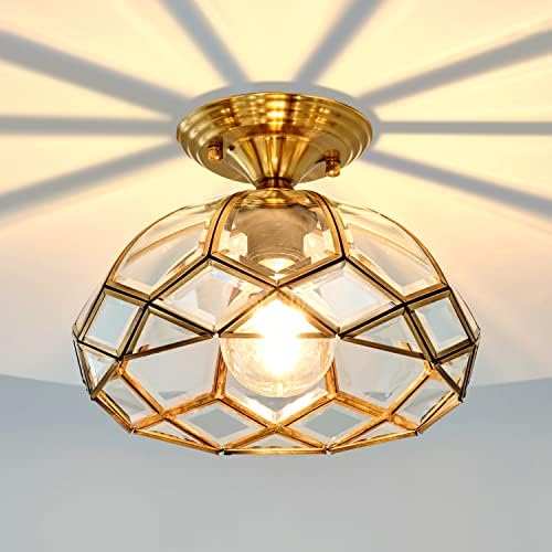 POLUSKRIVENA stropna svjetiljka od mesinga i stakla, stropna svjetiljka od 1 svjetiljke, Vintage zlatna stropna svjetiljka za predsoblje,