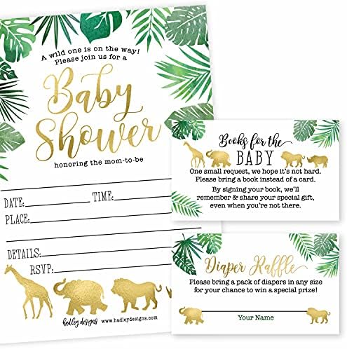 25 Safari pozivnica za tuširanje za bebe, 25 knjiga s karticama za prijavu za tuširanje za bebe, 25 ulaznica za tombolu za pelene za
