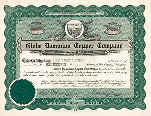 Globe Dominion Copper Co. - Potvrda o razmjeni