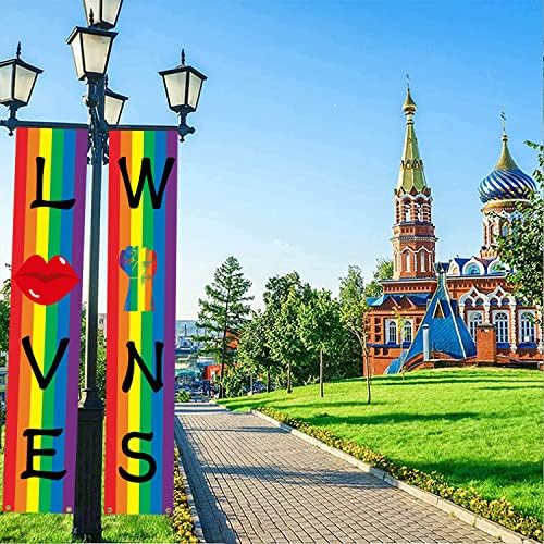 Gay Pride ukrasi, Ljubav osvaja Rainbow transparent, natpis za viseći dekor za trijem, ponos za označavanje lezbijskog trijema, viseća