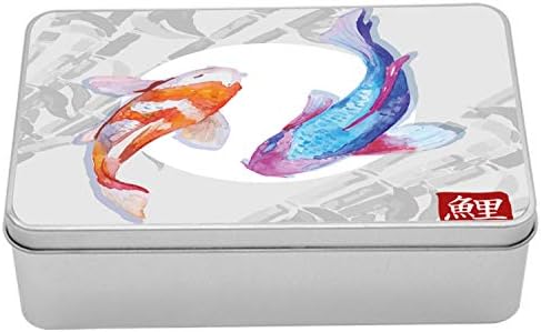 Ambsonne koi riblje limena kutija, akvarelni stil koi ribljeg para dizajn s bojom na bazi grunge četkica, prijenosni pravokutni metalni