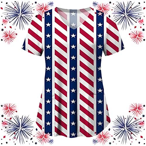 4. srpnja majice za žene sa zastavom SAD-a ljetne majice kratkih rukava s izrezom u obliku slova U 2 džepa Bluza Top Svečana ležerna