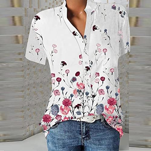 Ležerne bluze za žene s cvjetnim uzorkom s izrezom na kopčanje u obliku slova u, kratkim rukavima i džepom, udobne udobne Ležerne majice,