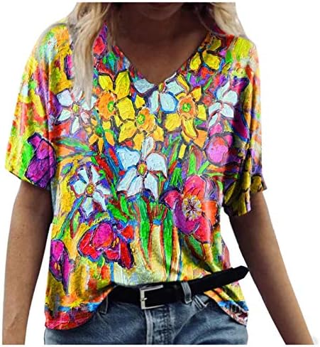 Ženski ljetni kratki rukavi V vrat šareni cvjetni tiskani tunični tees trendi casual labavi plus size vrhovi bluza