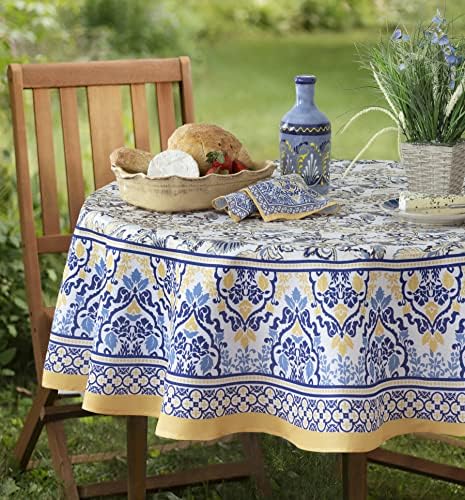 Kućne ponude plus Provence Allure arabesque žuta i plava cvjetna obrubljena zemlja francuska tkanina stolnjak, unutarnji vanjski, mrlja
