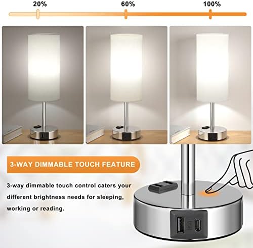 Dodirne svjetiljke za spavaće sobe Set od 2-3 puta spavaće sobe za noćni ormarić, moderna krajnja stolna svjetiljka s USB C priključcima