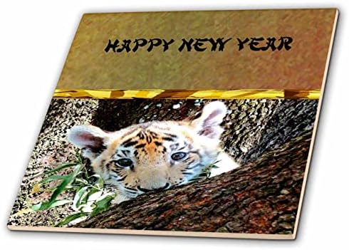 Trodimenzionalna slika Fotografije tigrastog mladunca viri ispod teksta Sretna Nova godina - pločice
