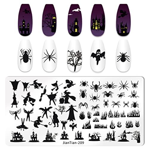 Jerclity 6pcs Halloween Nating Stiskanje ploča za umjetnost noktiju za žilace vještica duhova lubanja bundeva pauka plamena slike ploče