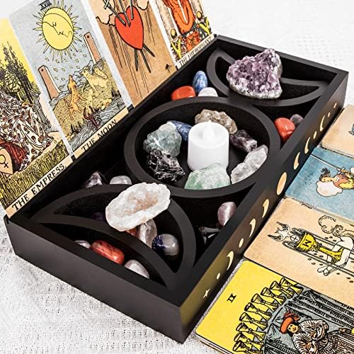 Mjesečevi pladanj set kristalnog držača, Wood Moon Phase Crystal Ladica za kamenje prikaz s držačem tarot kartice, Witchcraft Crystal