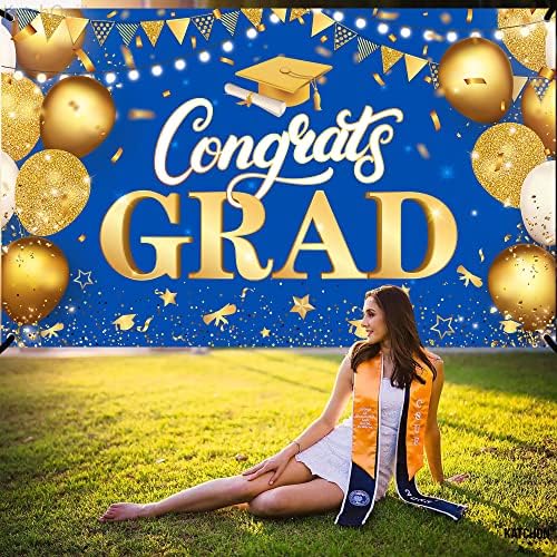 Katchon, čestitam Grad Banner Blue - 72x44 inč | Ukrasi o diplomiranju plave i zlata 2023 | Diplomirani natpis za klasu 2023 ukrasa