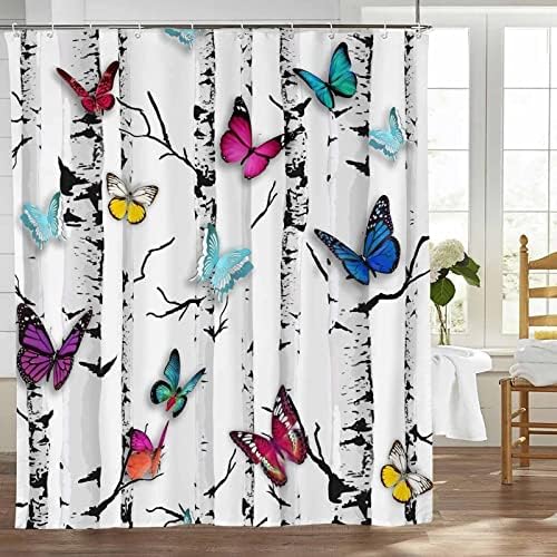 Leptir tuš zavjesa šarena leptir proljetna zavjesa za tuširanje siva bijela breza stablo botanička kupatila zavjesa za kupatilo kupaonica