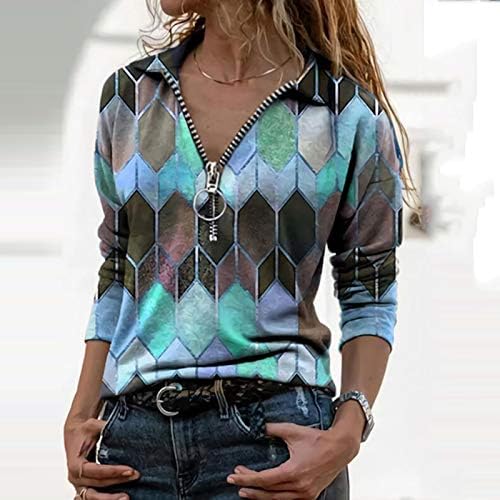 Ženske proljetne košulje dugih rukava modni geometrijski print rever ležerna bluza s patentnim zatvaračem Majice Majice Majice