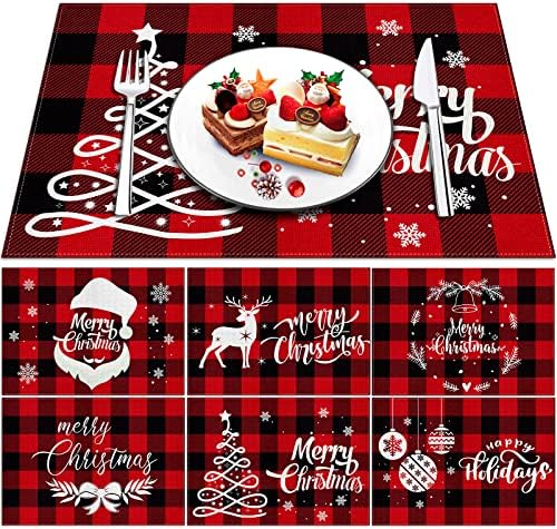Set od 6 božićnih salveta 12 * 18 inča crveni i crni pamučni i karirani tepisi za večeru, jednostavni za čišćenje, otporni na toplinu