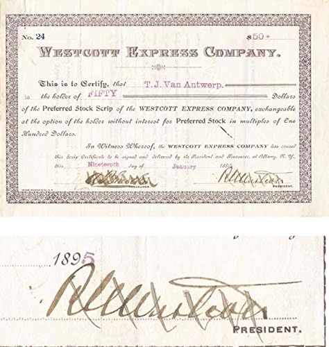 Westcott Express Co., potpisana od strane R. Vestcotta Burzovni certifikat