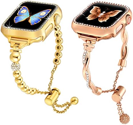 Dlando Bling Gold Metal Bead Band za Apple Watch 44 mm i ružičasto zlato vitki uvijač kompatibilan s IWatch Band 44 mm