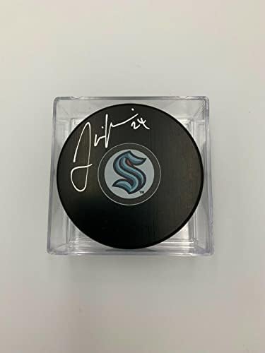 Hokejaški pak Seattle Kraken s autogramom Jamieja OLEKSIAKA i slučajem-fanatici-NHL Pakovi s autogramom