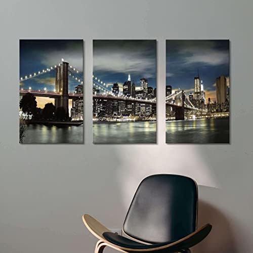 Brooklyn Bridge platno zidna umjetnost: 3 ploče Moderna gradski pogled na noć Skylines Lights u New Yorku Slike urbane nebodera gradskih