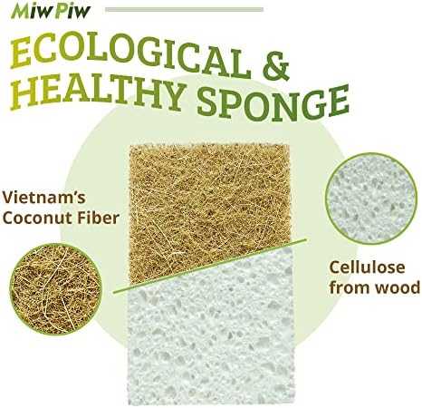 MIW PIW Biorazgradiva prirodna kuhinja spužva - pakiranje 14 održiva kompostabilna drva Cenlulose i Kokosova vlaknast piling - Eko