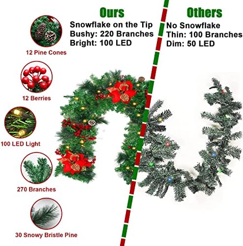 9ft Božićni vijenac sa 100 svjetiljki upravljani baterijom, umjetnim borovim vijencima s crvenim kuglicama, borovim konusima, granama