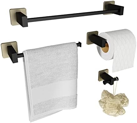 Kupatila hardver set od 4 komada Mat crni i brušeni zlatni ručnik, nosač ručnika, držač toaletnog papira, kuka za ručnike, zidni montirani