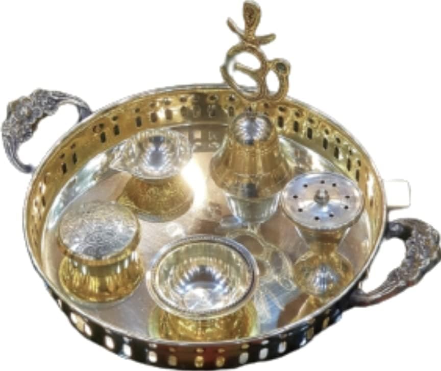 Obrt s ljubavlju Prekrasan mesing pooja thali poliran, veličina: 11 tali - 6 komada - 1 tali, diya, držač tamjana, om zvono, zdjela